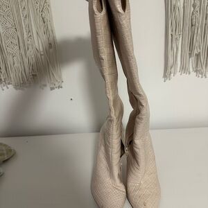 Public Desire Cream Croc-Patterned Heeled Boots